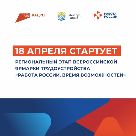 17 тысяч работодателей и 370 тысяч вакансий: ярмарка трудоустройства «Работа России. Время возможностей» стартует 18 апреля. 17 тысяч работодателей и 370 тысяч вакансий: ярмарка трудоустройства «Работа России. Время возможностей» стартует 18 апреля.